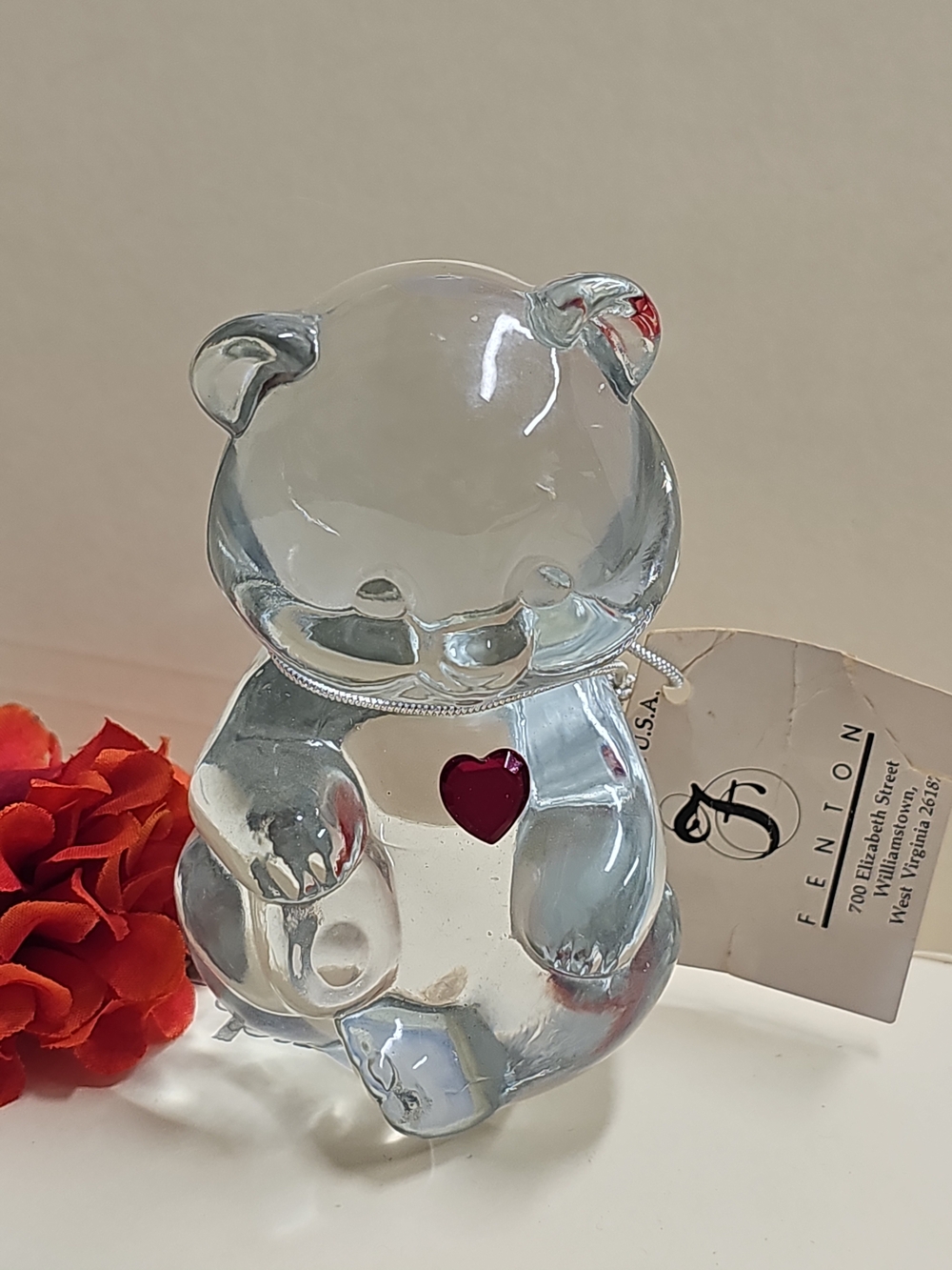 Vintage Fenton Glass SEPTEMBER Birthday Bear Figurine With Red Heart Accent